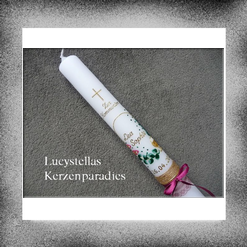 Kommunionkerze Eukalyptus Fische Kelch Schleife Brombeer gold