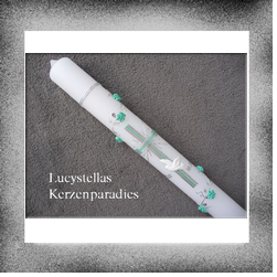 Kommunionkerze Modern Kreuz Röschenranke mint silber