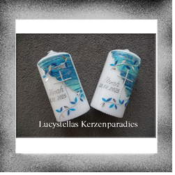 Tischkerze Marmor Kreuz Blätterranke blau silber - 2 Stck.