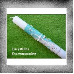 Kommunionkerze Marmor Ranke Kelch Fisch Strass türkis silber