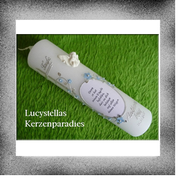 Taufkerze Trend Junge Kreuz Ranke Engel Spruch hellblau silber